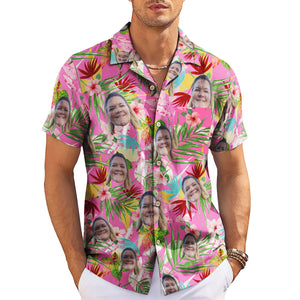 Pink tropical face photo repeat pattern button up shirt variant 3
