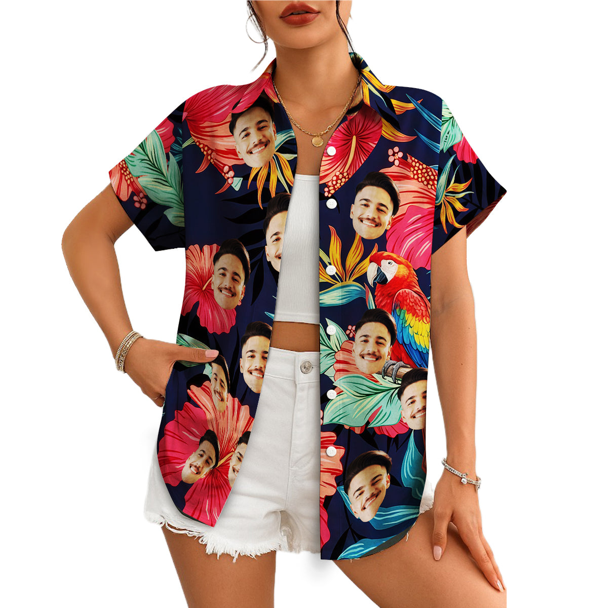 Navy tropical Hawaiian shirt with custom faces and macaw variant 4