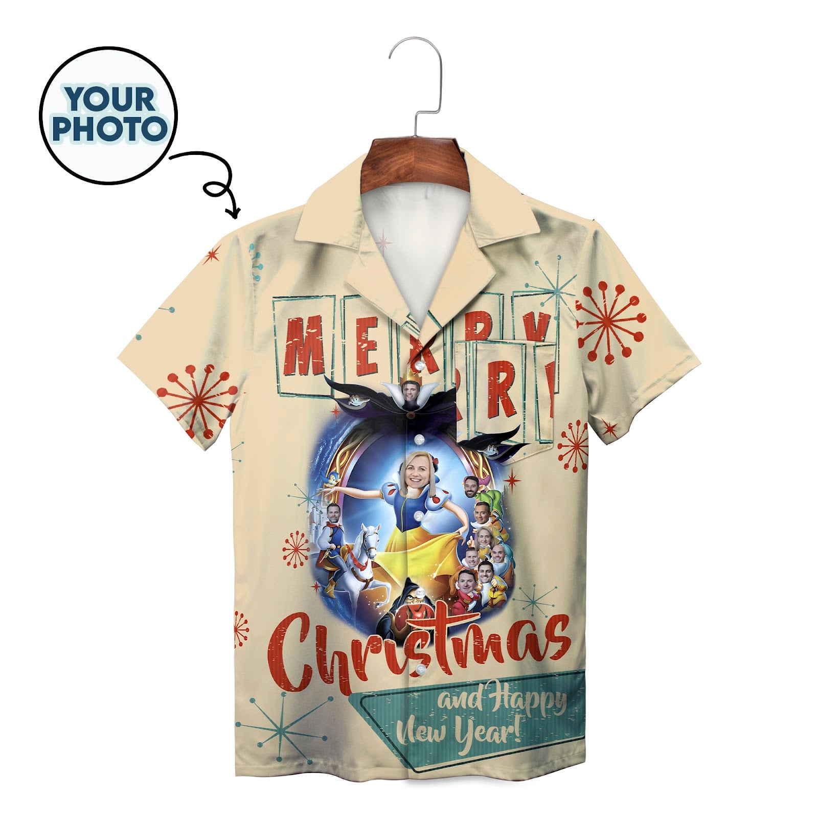 Cream retro Christmas Hawaiian shirt with custom face cutouts