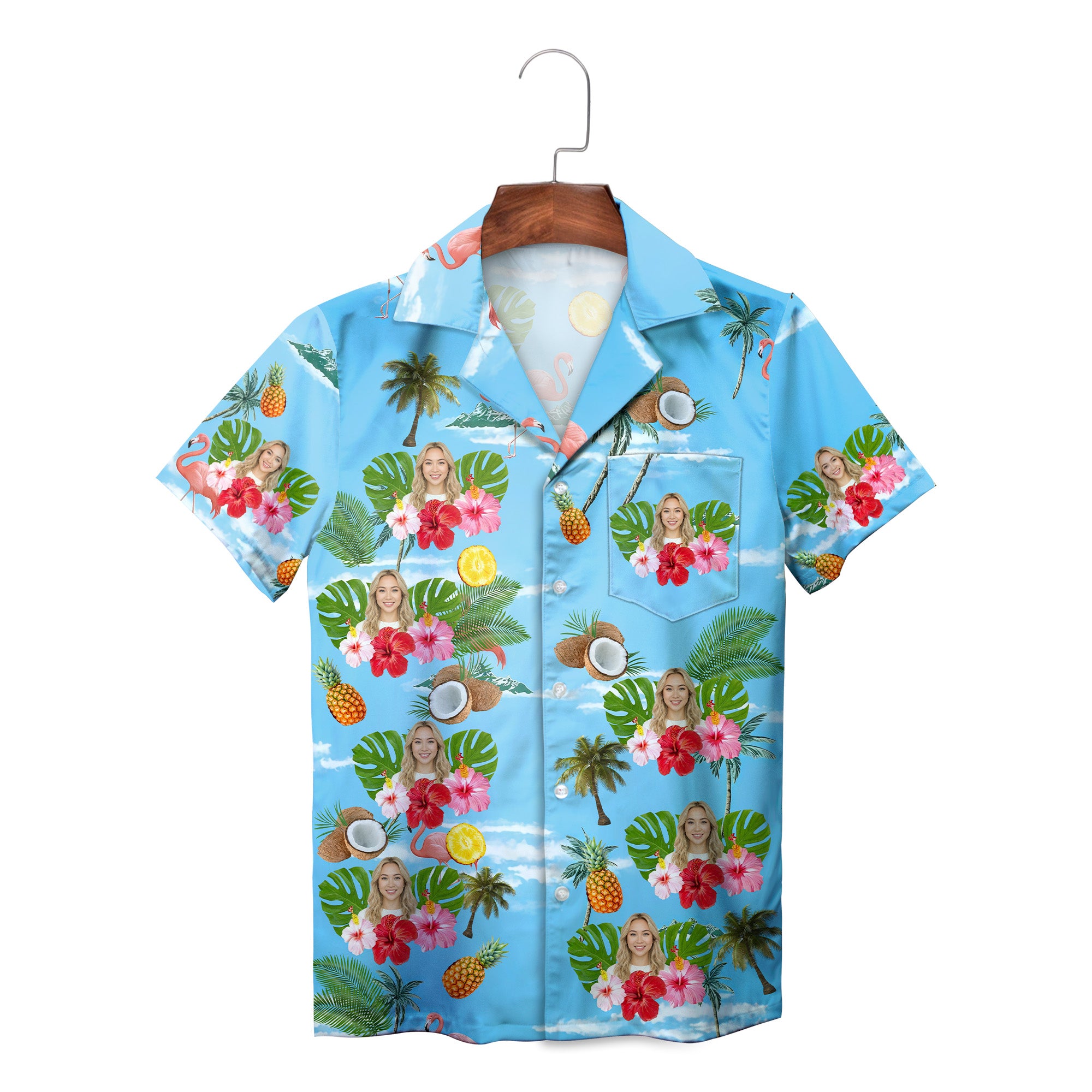 Blue Hawaiian shirt with custom face hibiscus pineapple print