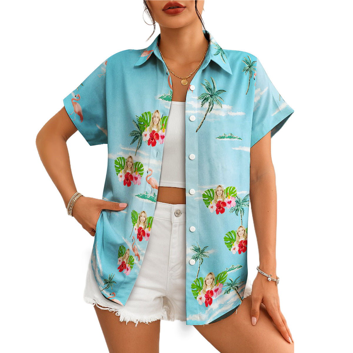 Blue Hawaiian shirt with custom face hibiscus pineapple print variant 4
