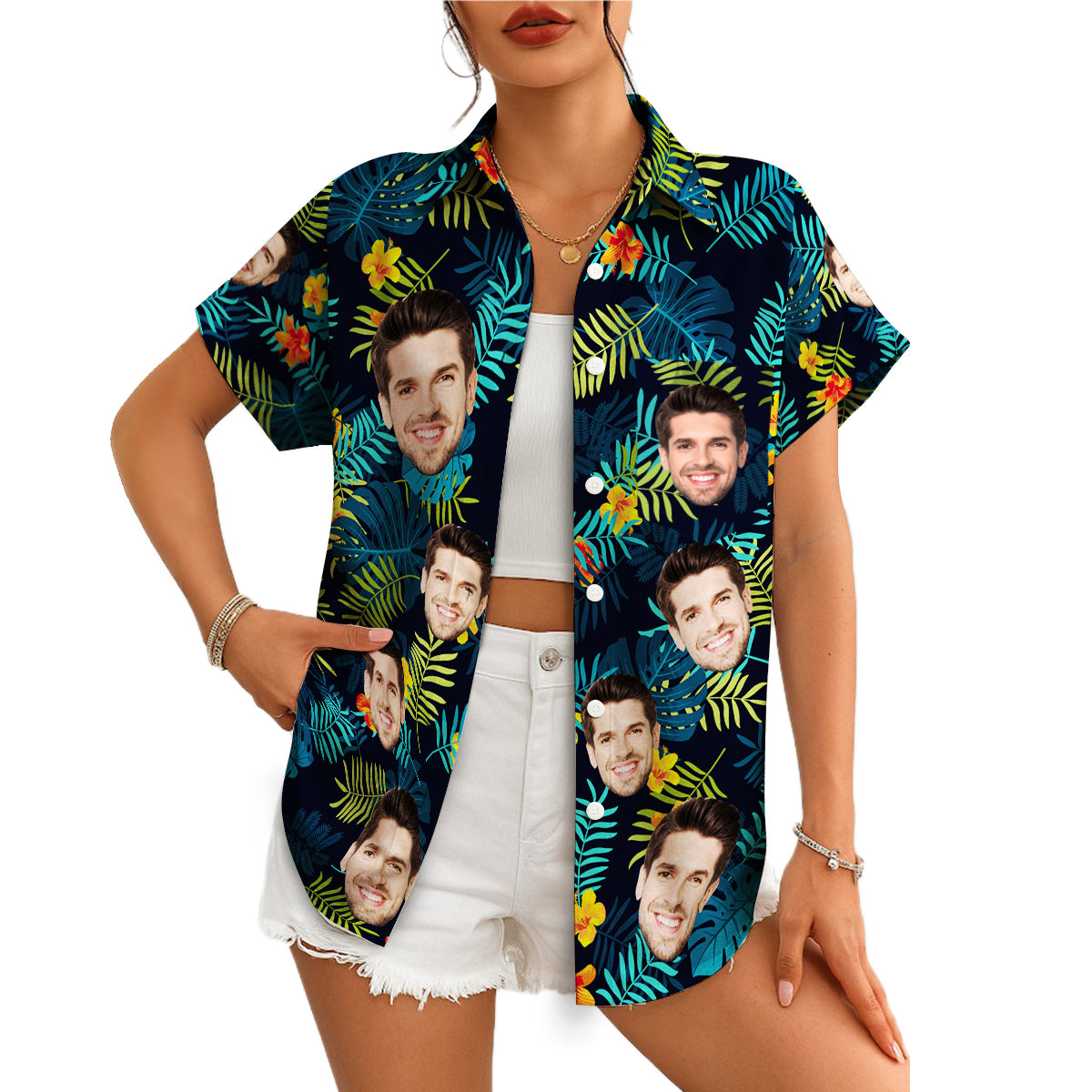 Navy tropical Hawaiian shirt with custom face photo print variant 5