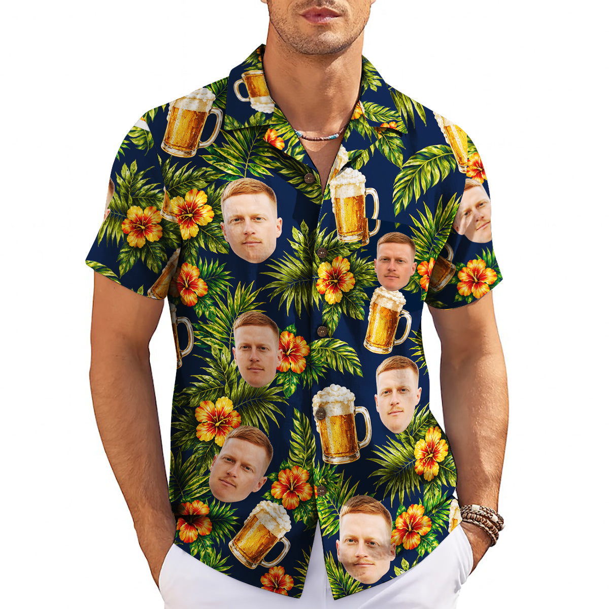 Navy aloha shirt showing custom faces beer mugs orange blooms variant 3