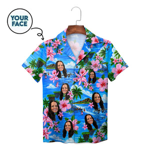 Blue island scene shirt with pink blooms custom faces