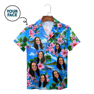 Blue island scene shirt with pink blooms custom faces variant 2