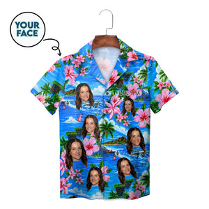 Blue island scene shirt with pink blooms custom faces variant 4