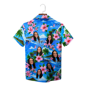 Blue island scene shirt with pink blooms custom faces variant 6