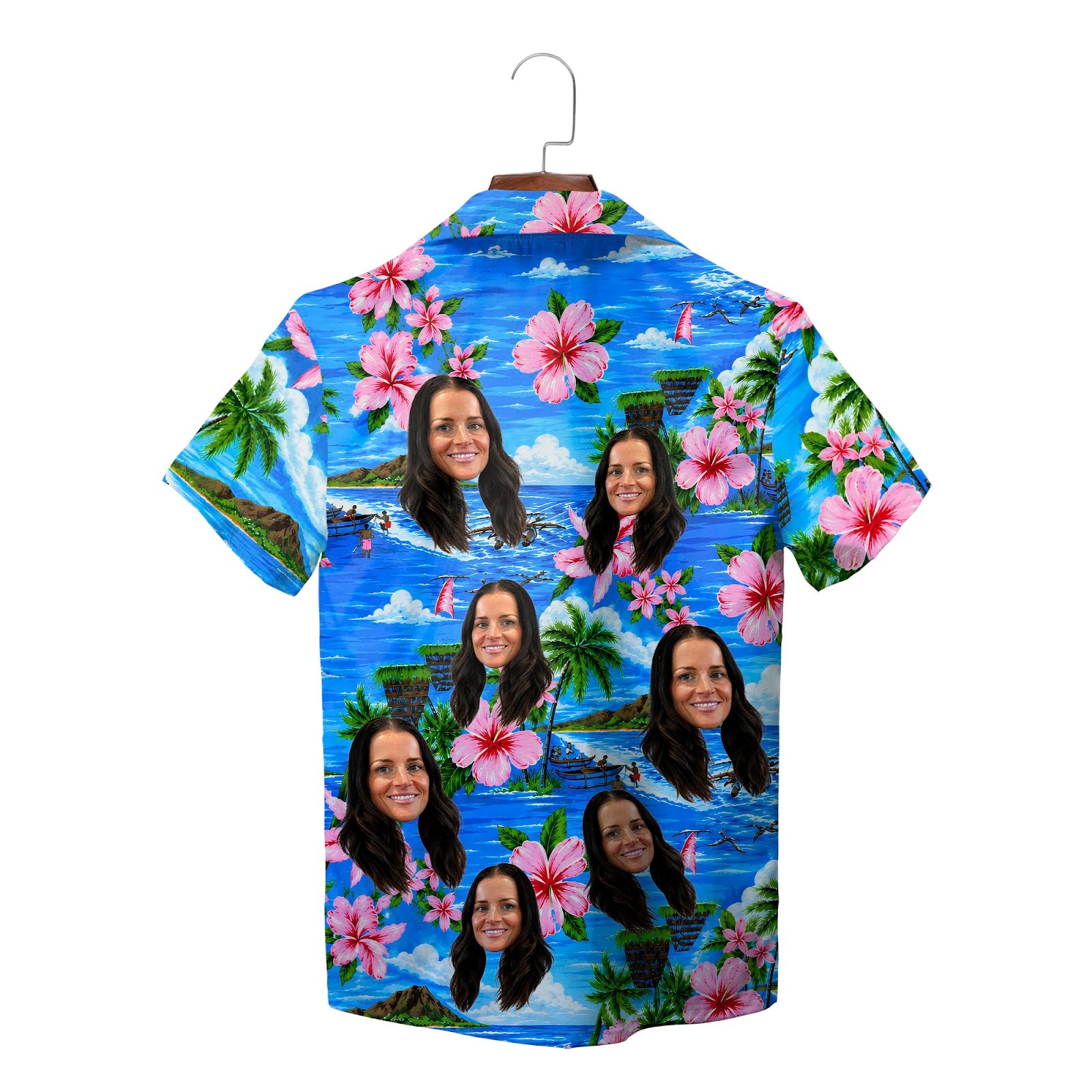 Blue island scene shirt with pink blooms custom faces variant 7