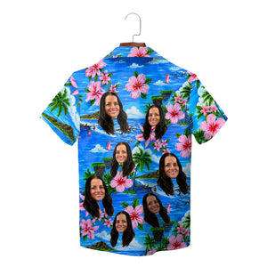 Blue island scene shirt with pink blooms custom faces variant 7