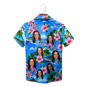 Blue island scene shirt with pink blooms custom faces variant 9