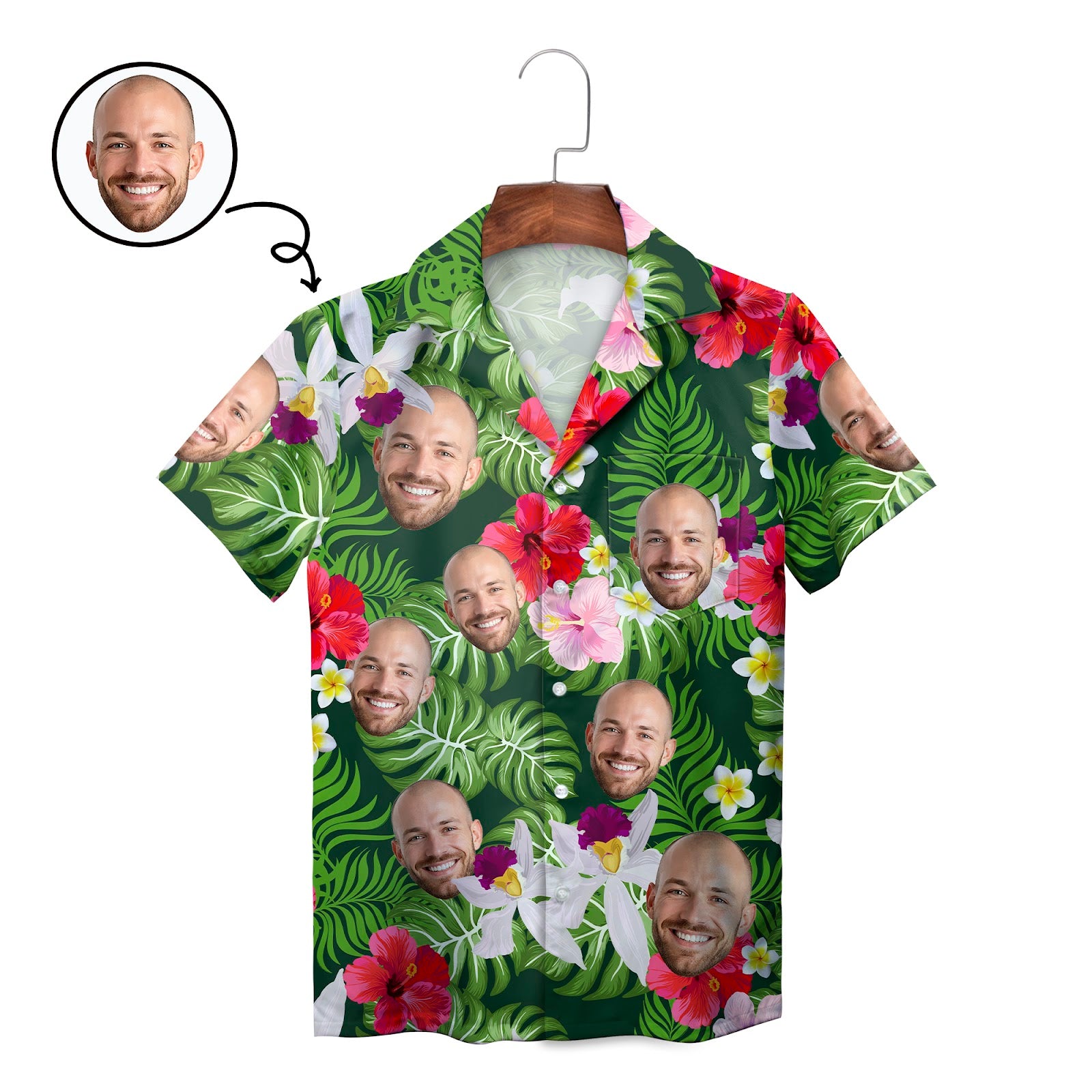 Green Hawaiian shirt with custom face cutouts among hibiscus