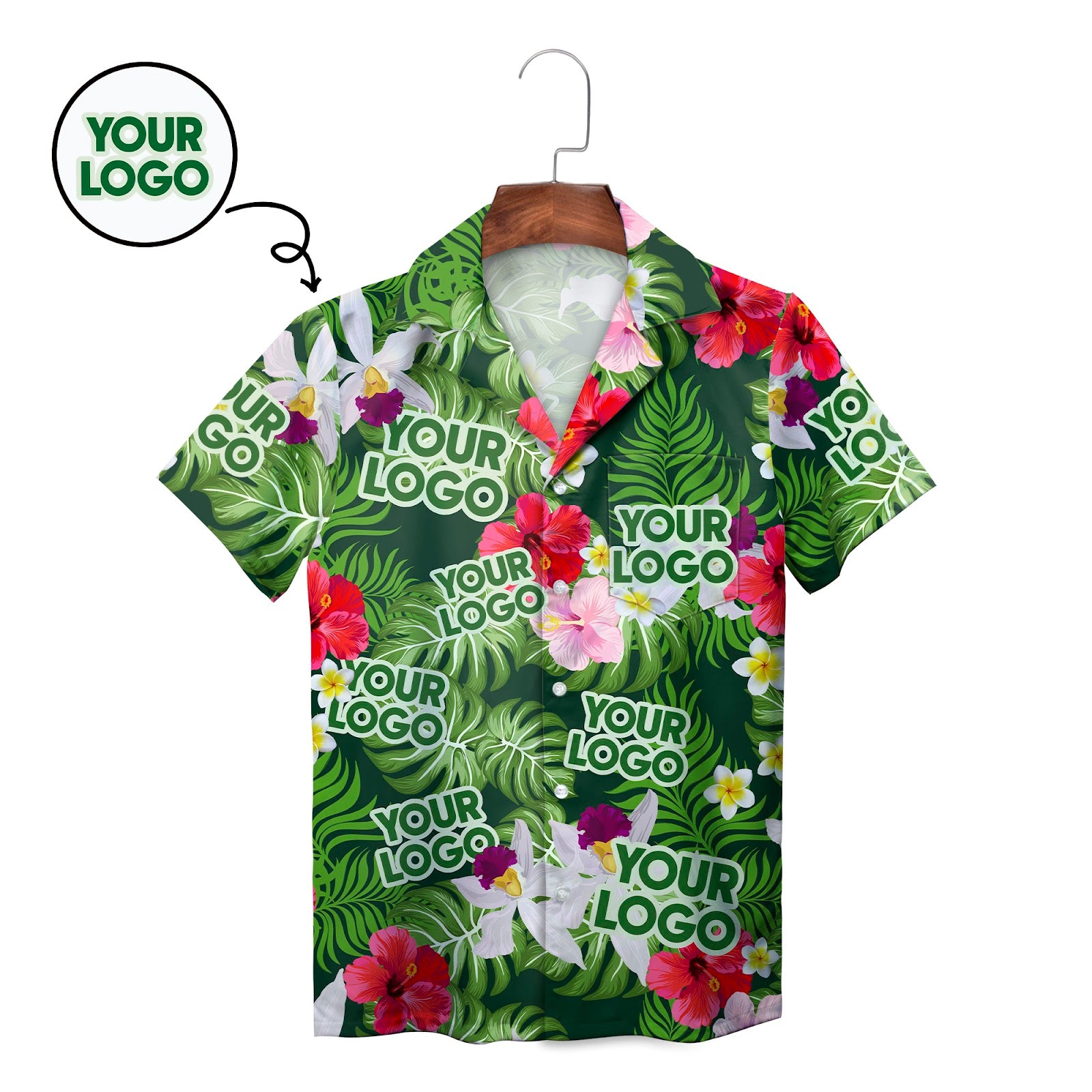 Green Hawaiian shirt with custom face cutouts among hibiscus variant 2