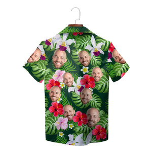 Green Hawaiian shirt with custom face cutouts among hibiscus variant 3