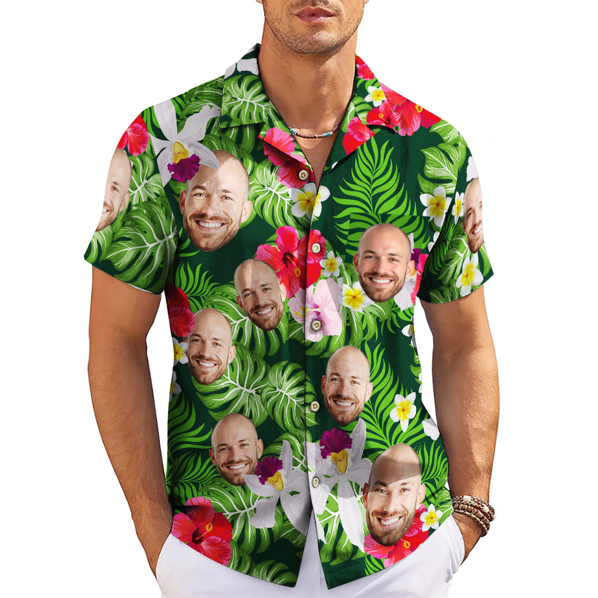 Green Hawaiian shirt with custom face cutouts among hibiscus variant 4