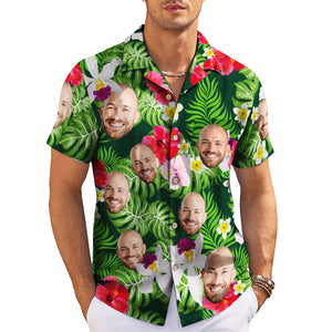 Green Hawaiian shirt with custom face cutouts among hibiscus variant 4
