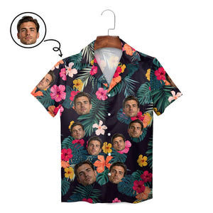 Navy Hawaiian shirt with custom face cutouts hibiscus palms