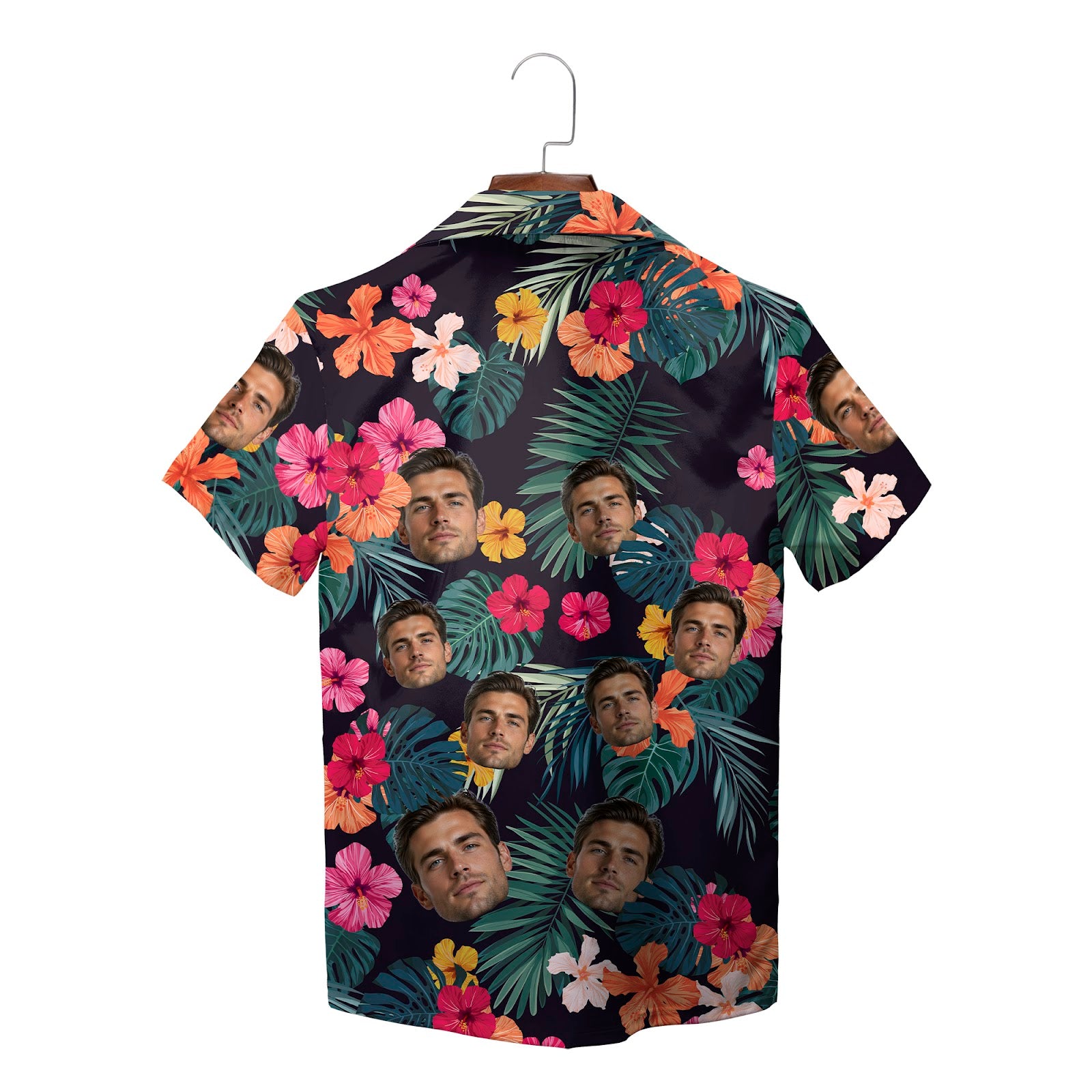 Navy Hawaiian shirt with custom face cutouts hibiscus palms variant 3