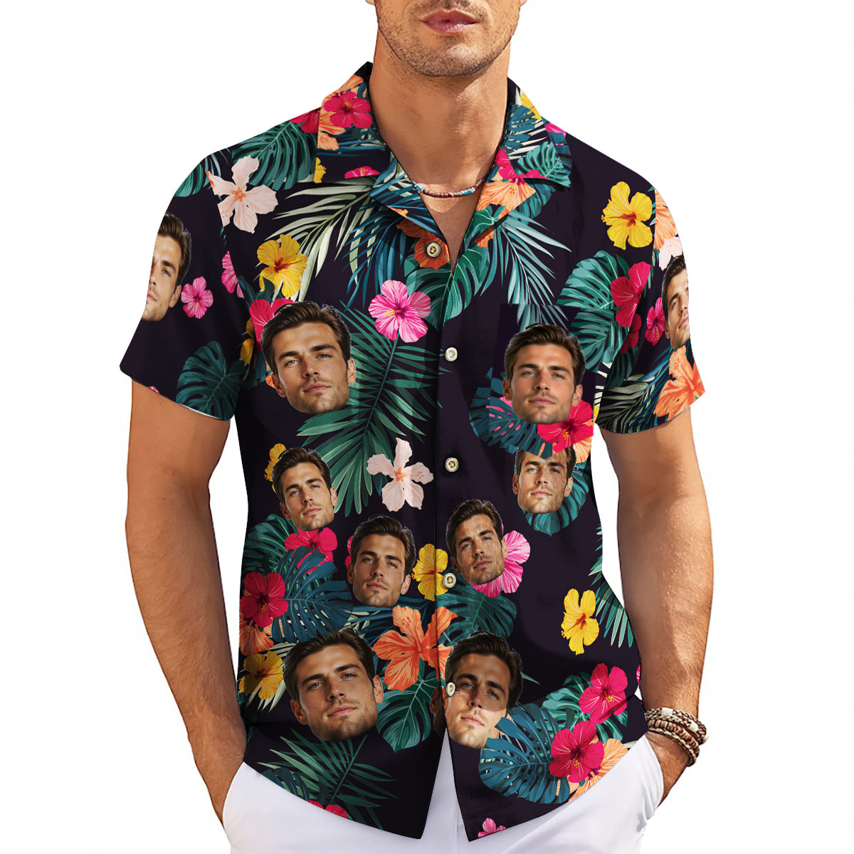Navy Hawaiian shirt with custom face cutouts hibiscus palms variant 4