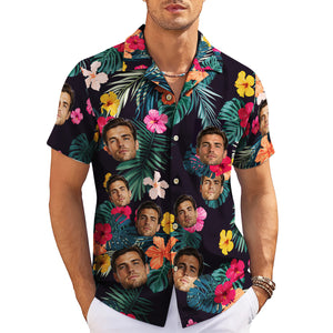 Navy Hawaiian shirt with custom face cutouts hibiscus palms variant 4