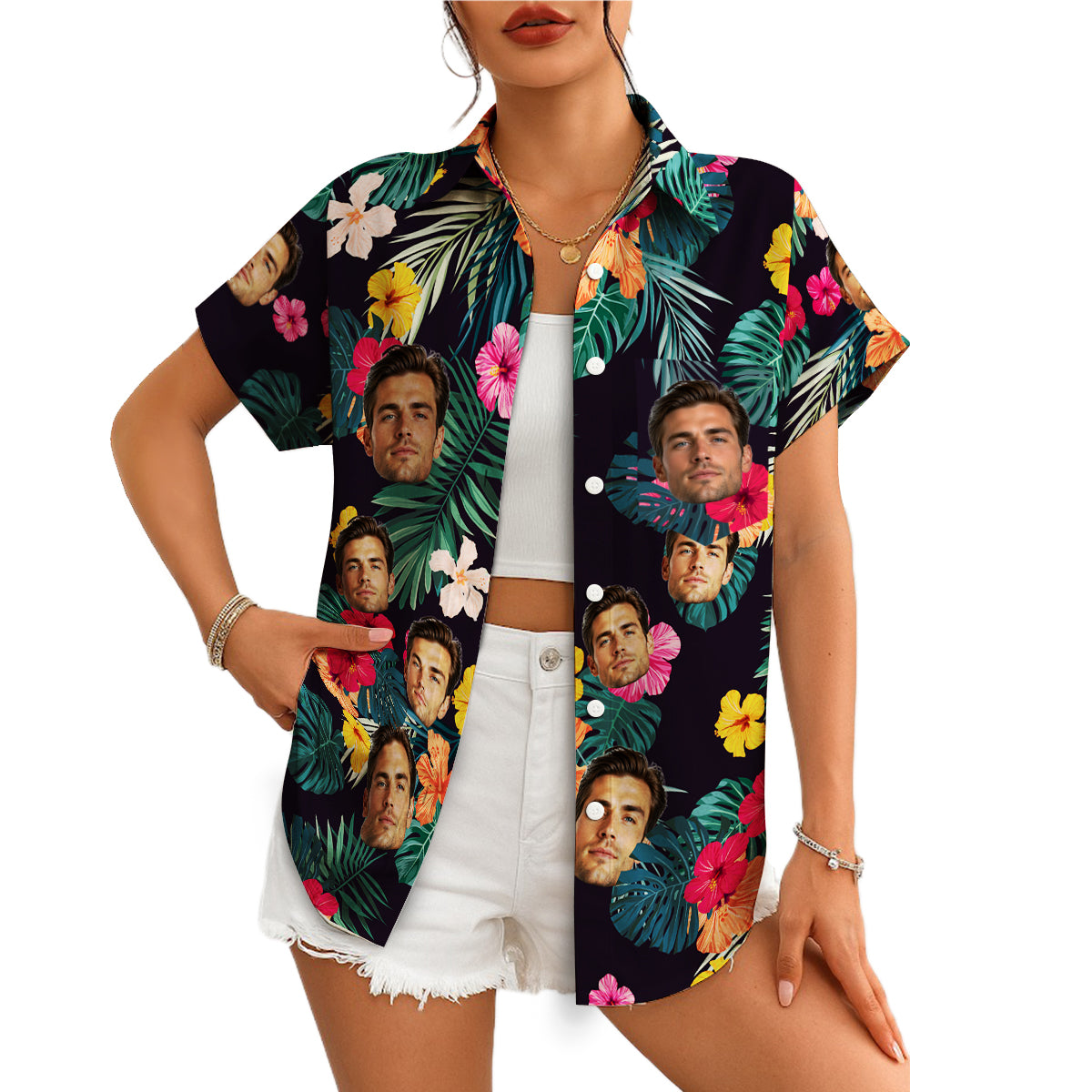 Navy Hawaiian shirt with custom face cutouts hibiscus palms variant 5
