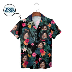 Dark floral Hawaiian shirt with custom face photo print