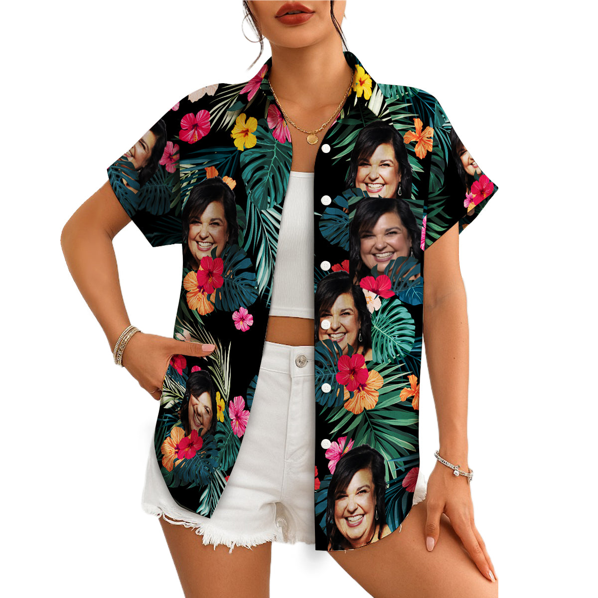 Dark floral Hawaiian shirt with custom face photo print variant 4