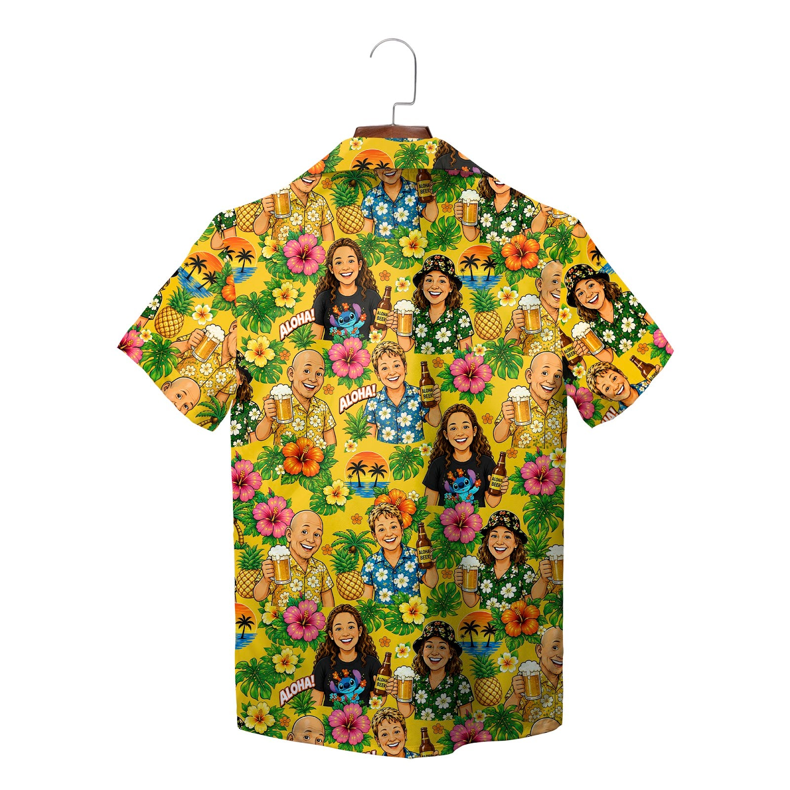 Yellow floral shirt showing family faces cat pocket beer mugs variant 2