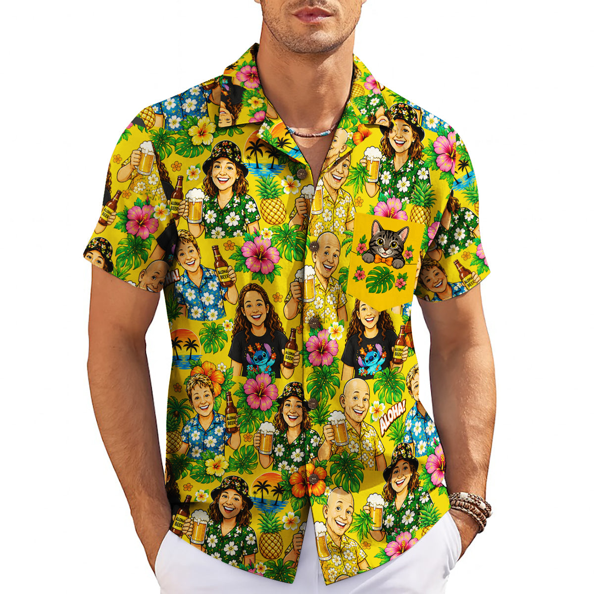 Yellow floral shirt showing family faces cat pocket beer mugs variant 3