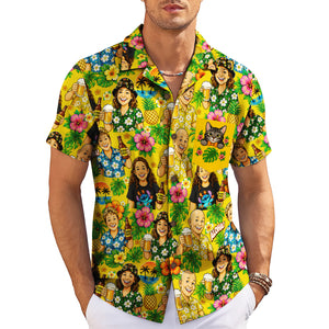 Yellow floral shirt showing family faces cat pocket beer mugs variant 3