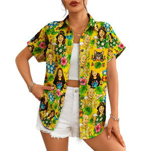 Yellow floral shirt showing family faces cat pocket beer mugs variant 4