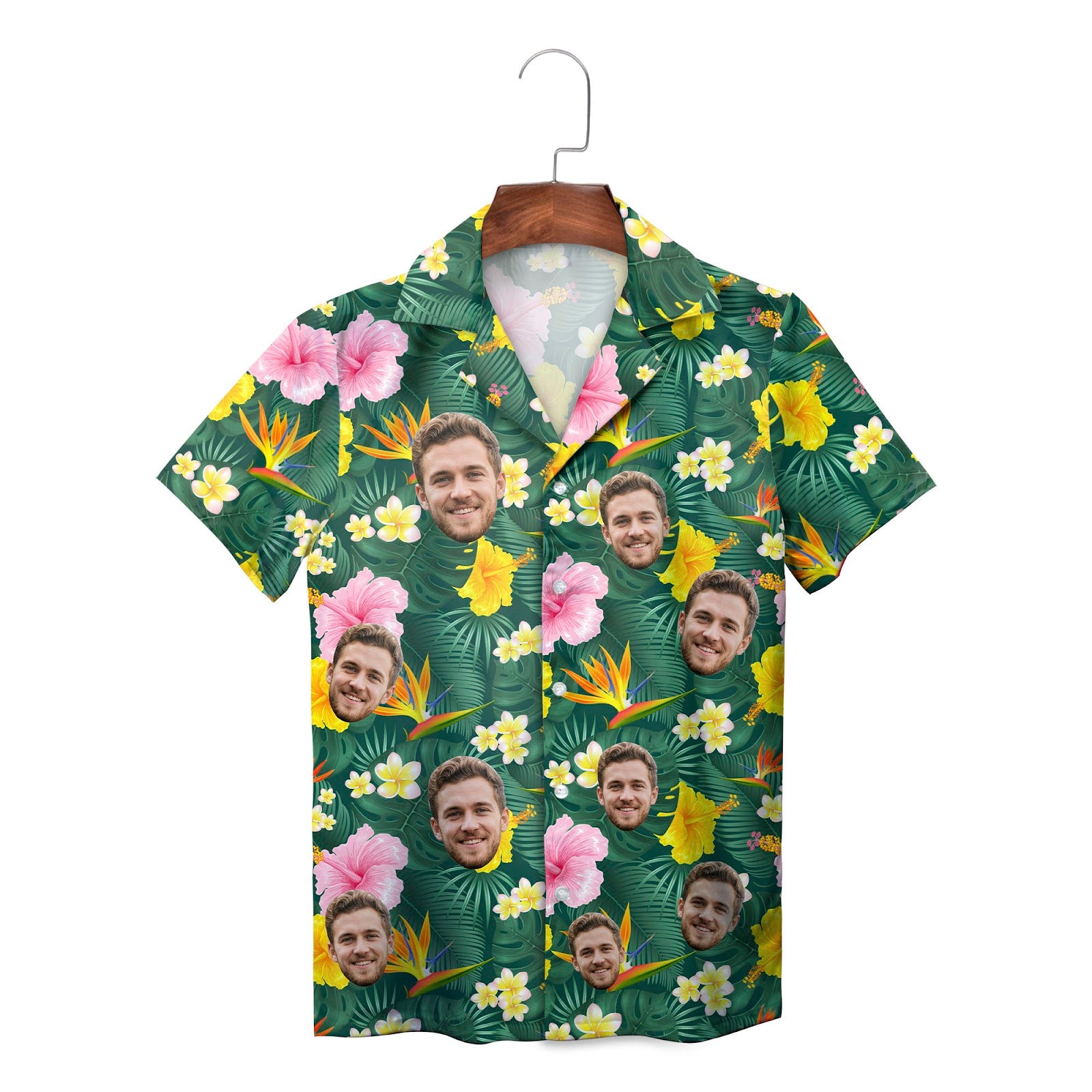 Green floral Hawaiian shirt with custom face photos on hanger