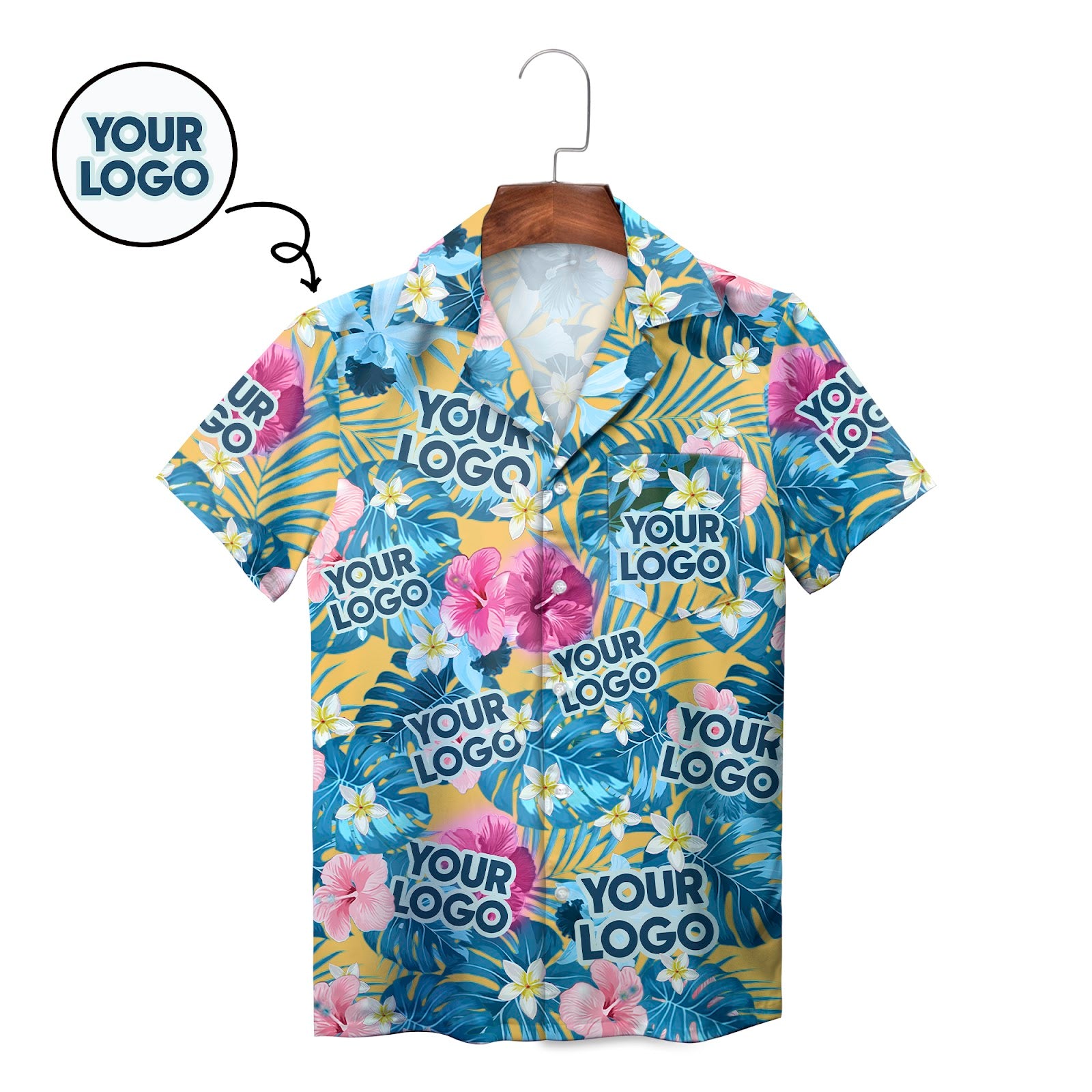 Floral face print aloha shirt with pink hibiscus blue leaves variant 2