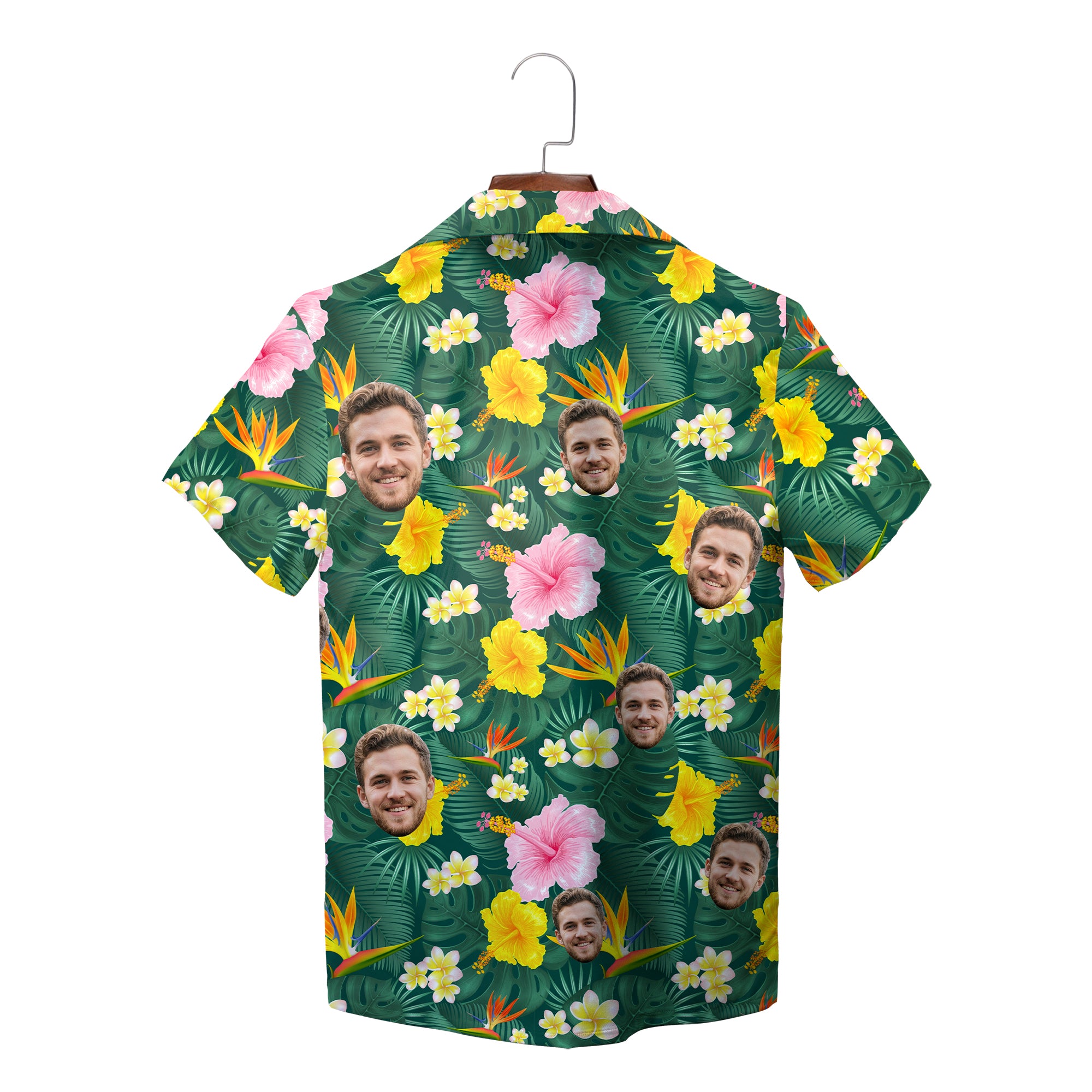 Green floral Hawaiian shirt with custom face photos on hanger variant 2