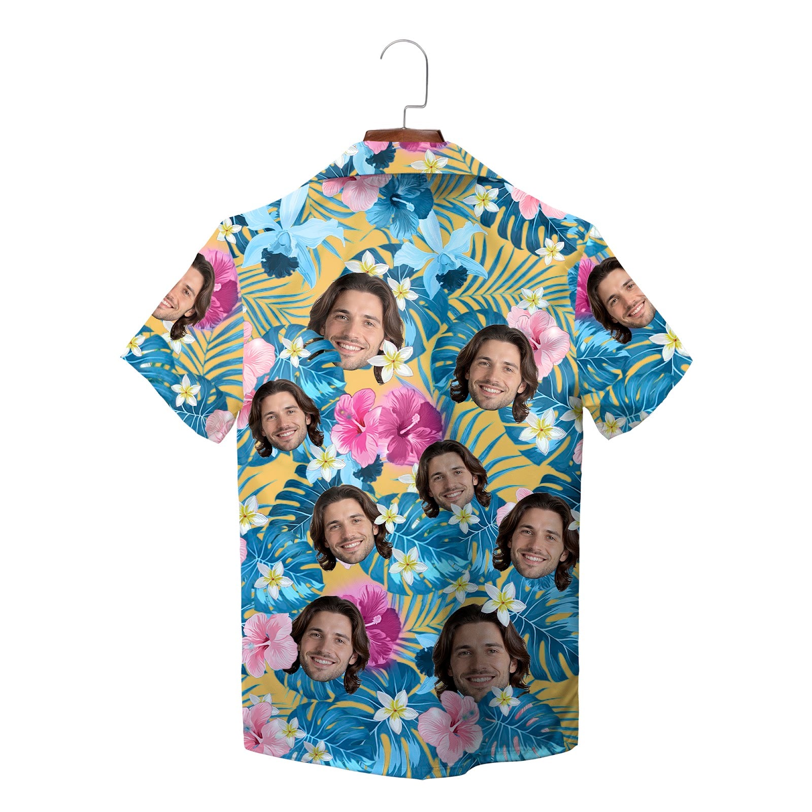 Floral face print aloha shirt with pink hibiscus blue leaves variant 3