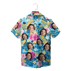 Floral face print aloha shirt with pink hibiscus blue leaves variant 3