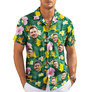 Green floral Hawaiian shirt with custom face photos on hanger variant 3