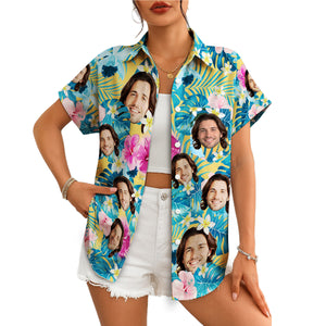 Floral face print aloha shirt with pink hibiscus blue leaves variant 5