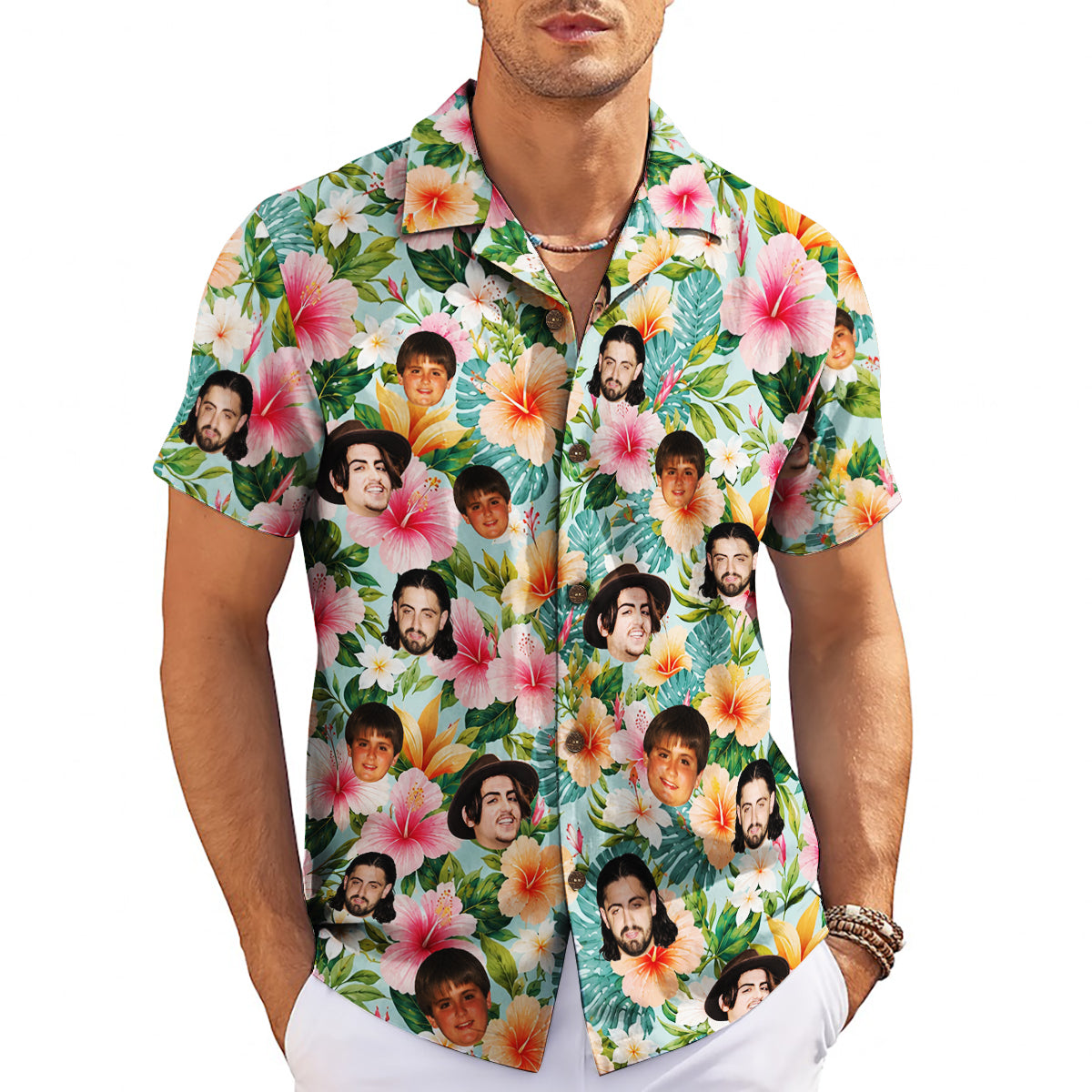 Pastel floral aloha shirt printed with photo cutout faces variant 3