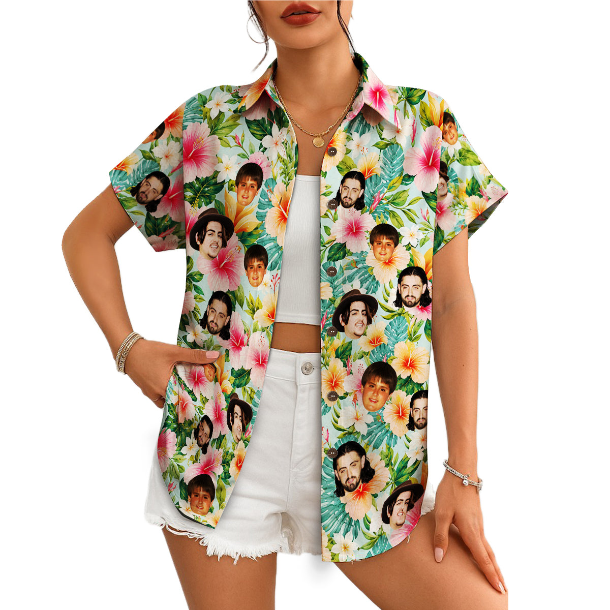 Pastel floral aloha shirt printed with photo cutout faces variant 4