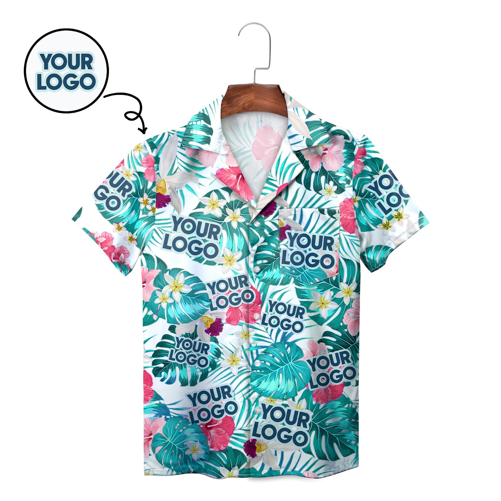 White Hawaiian shirt with face cutouts monstera pink flowers variant 2