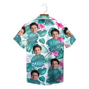 Custom face Hawaiian shirt monstera leaves pink hibiscus print variant 3