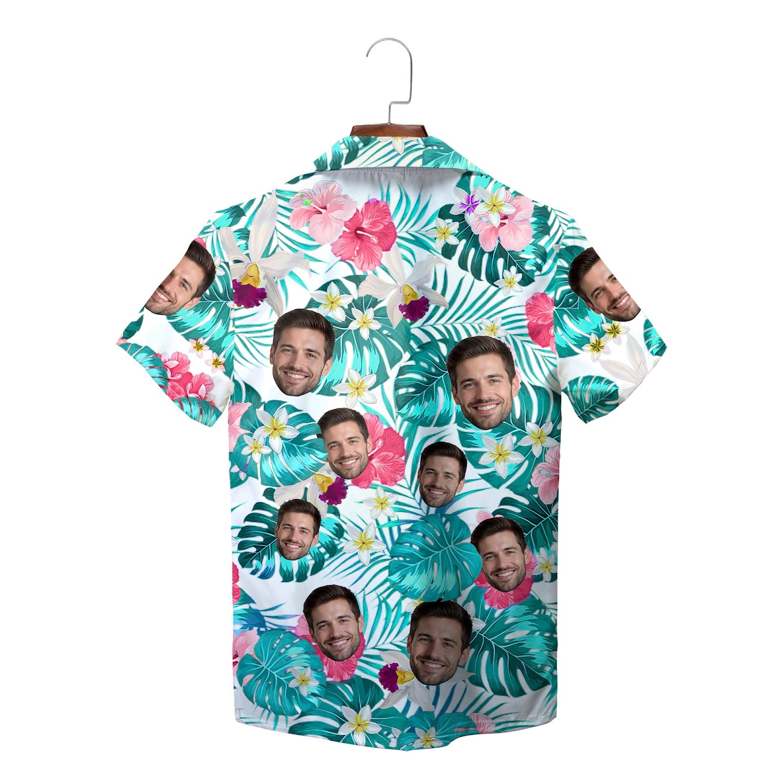 White Hawaiian shirt with face cutouts monstera pink flowers variant 3