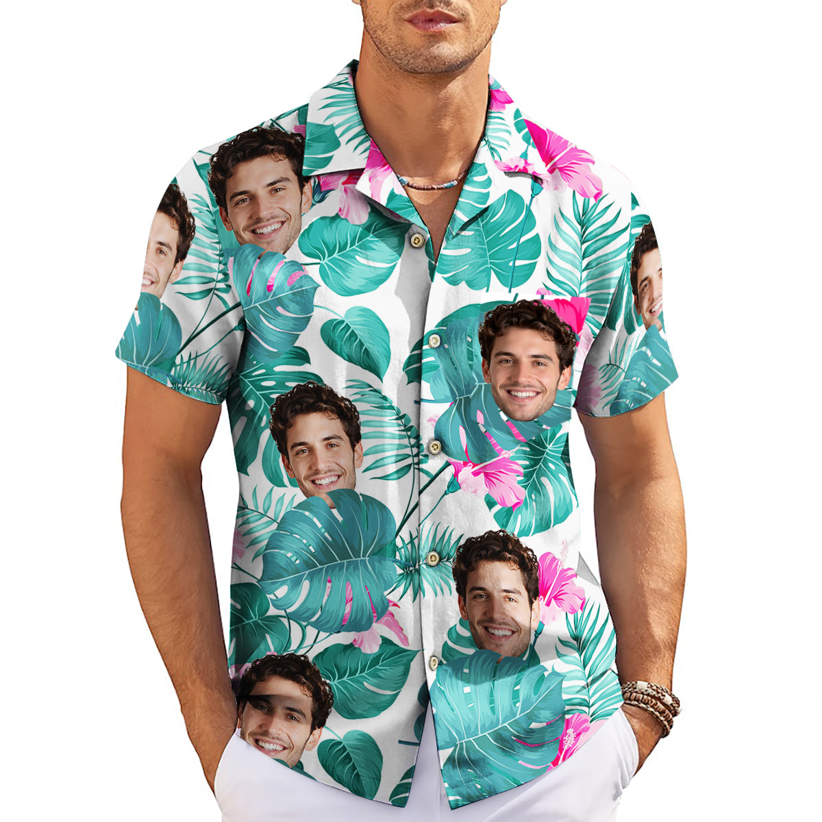 Custom face Hawaiian shirt monstera leaves pink hibiscus print variant 4