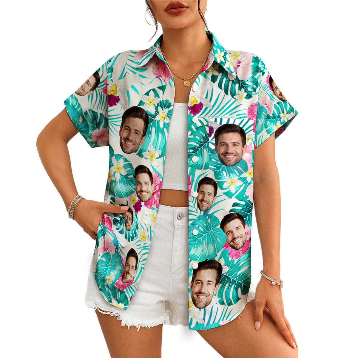 White Hawaiian shirt with face cutouts monstera pink flowers variant 5