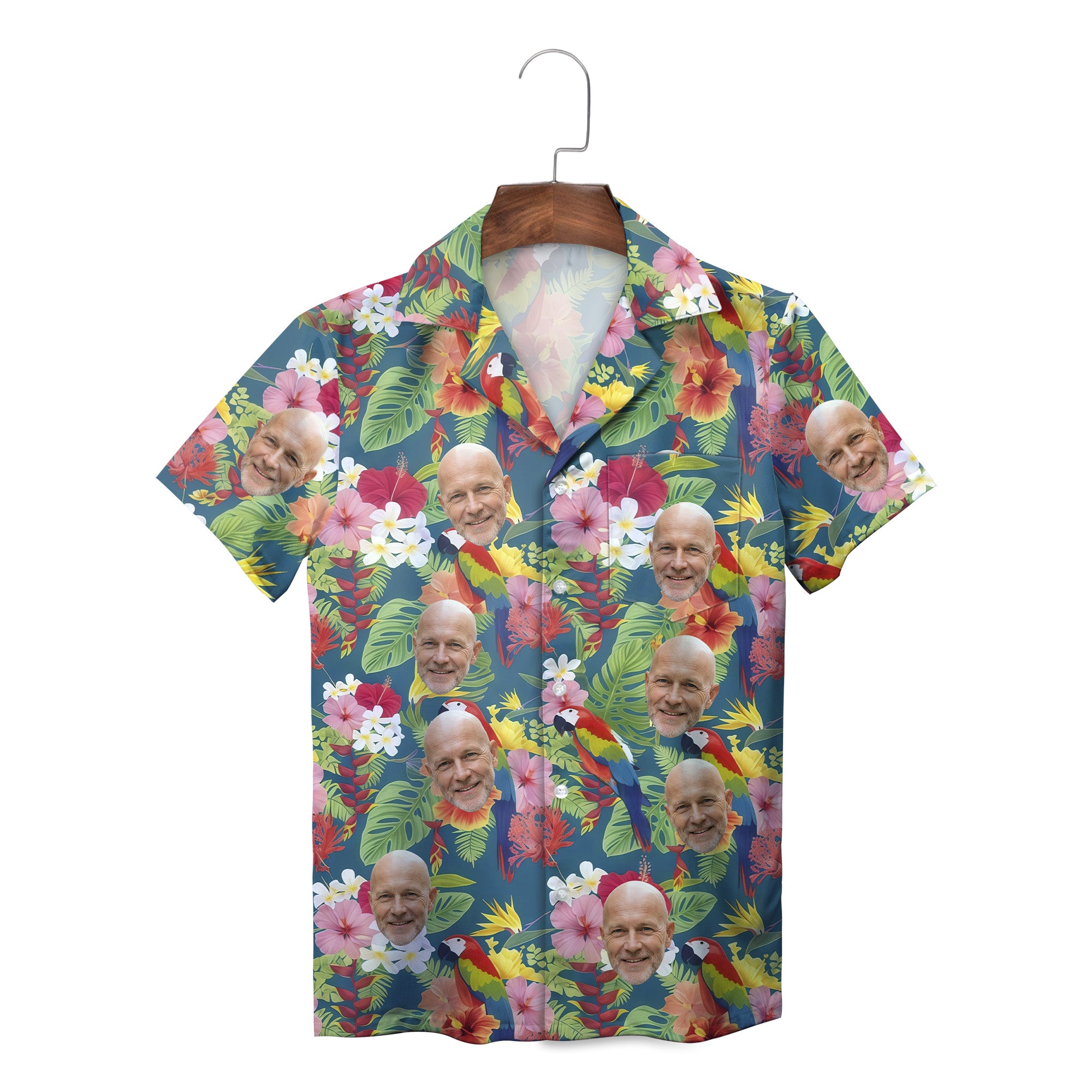 Teal Hawaiian shirt with custom face cutouts parrots hibiscus variant 2