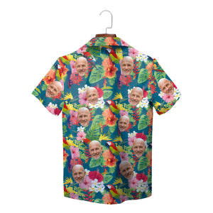 Teal Hawaiian shirt with custom face cutouts parrots hibiscus variant 3