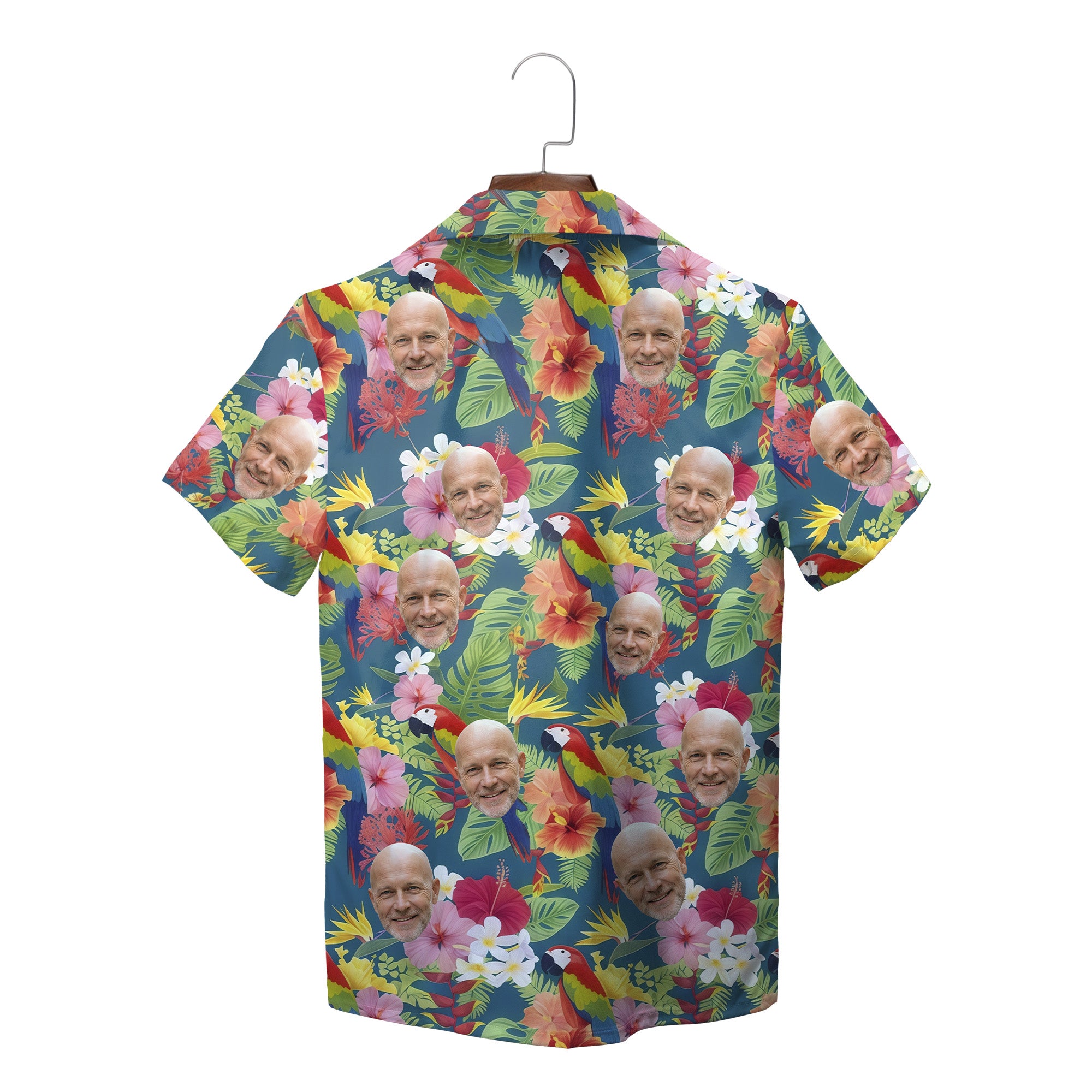 Teal Hawaiian shirt with custom face cutouts parrots hibiscus variant 4