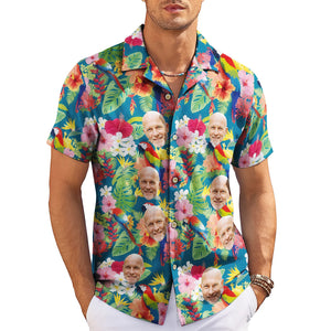 Teal Hawaiian shirt with custom face cutouts parrots hibiscus variant 5