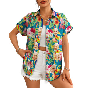 Teal Hawaiian shirt with custom face cutouts parrots hibiscus variant 7