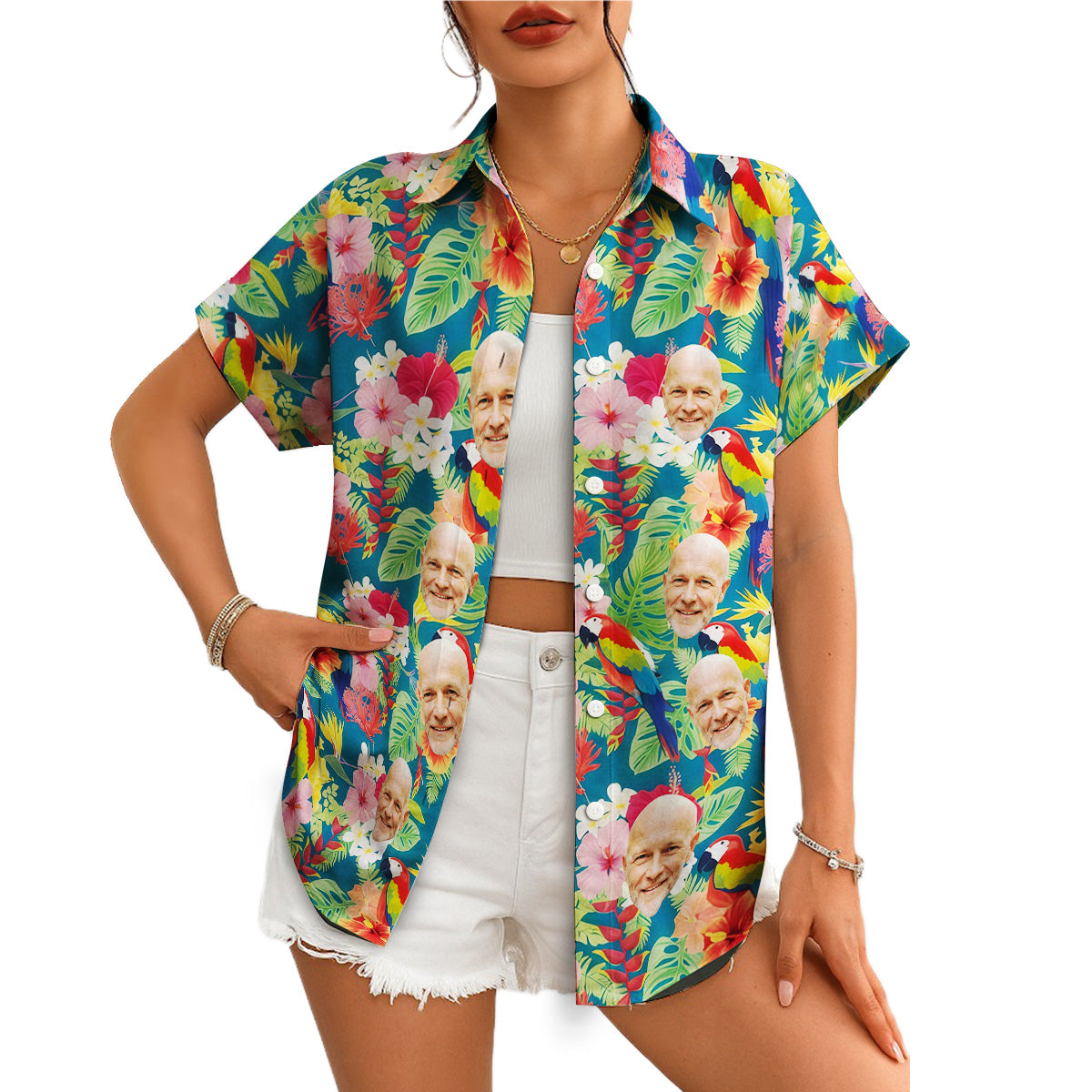 Teal Hawaiian shirt with custom face cutouts parrots hibiscus variant 8